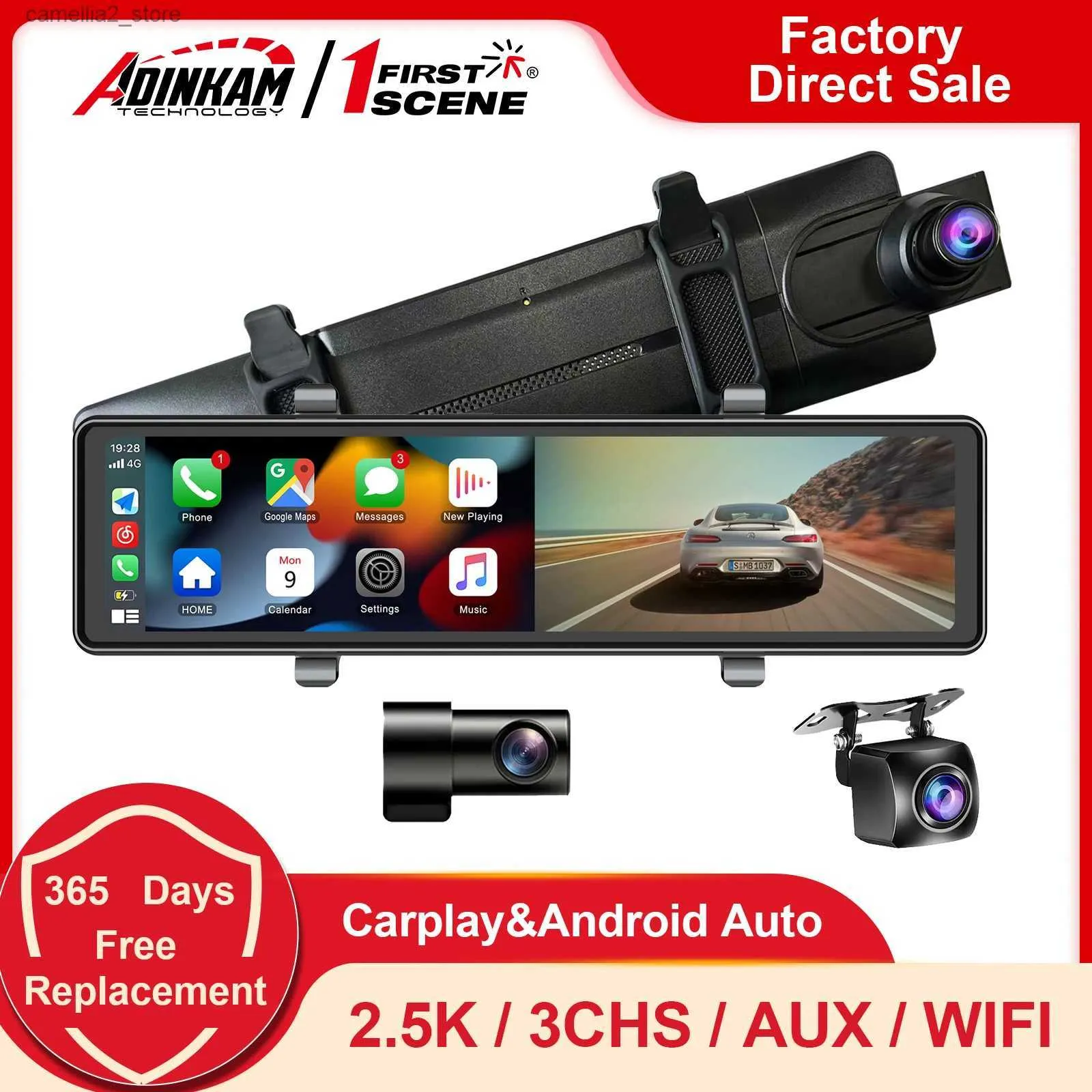 Car DVR Adinkam 12インチ3 CHS 2.5K Dashcam Apple CarPlay Android Auto Support AuxポータブルバックミラーカメラがWiFi Q231115に組み込まれています