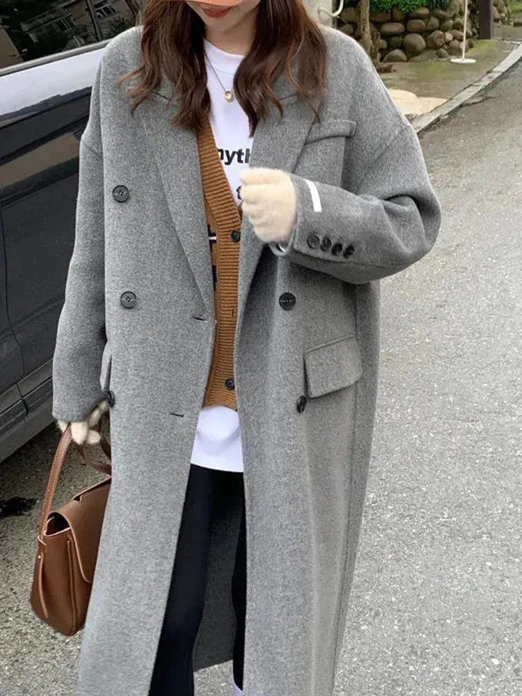 Women Wool Blend Coat Winter Office Office Long Elegant Fashion Faux Jacket Women Simple Sleeve All Match Outwear 231114