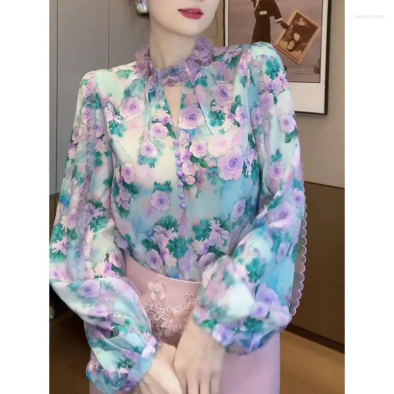 Женские блузки элегантная шикарная полая блузя женская цветочная рубашка 2023 Весна молодой модный пуловер. Блюзы Блюзы