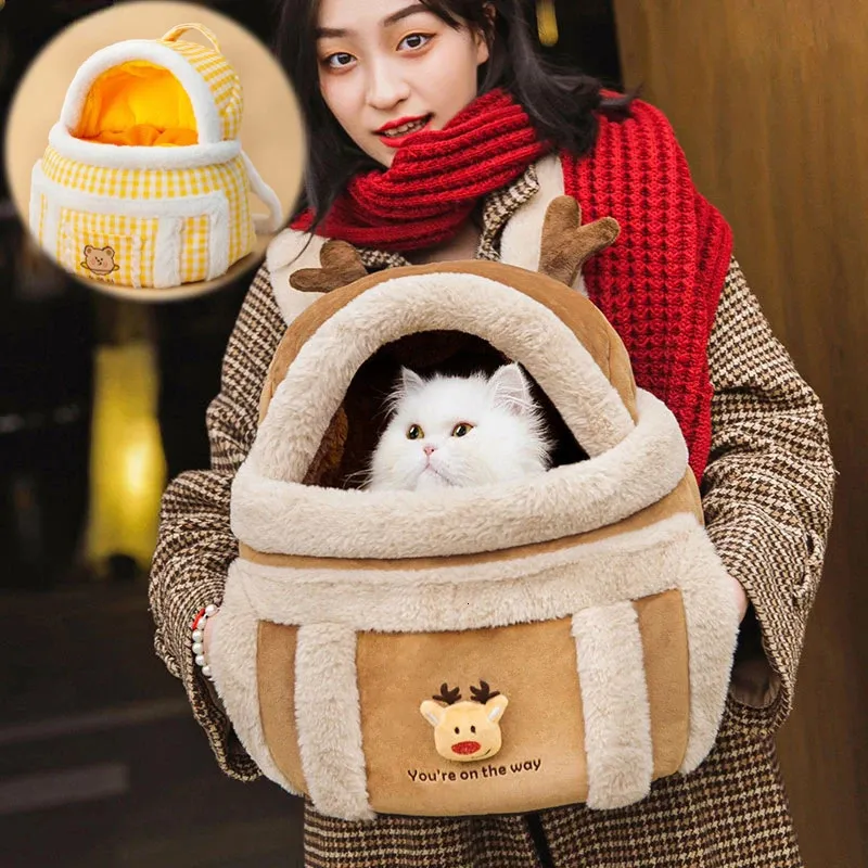 Cat s Crates Houses Pet Bag Winter Warm Backpack Portable Travel Puppy Double Shoulder Pets Head Come Out 231114