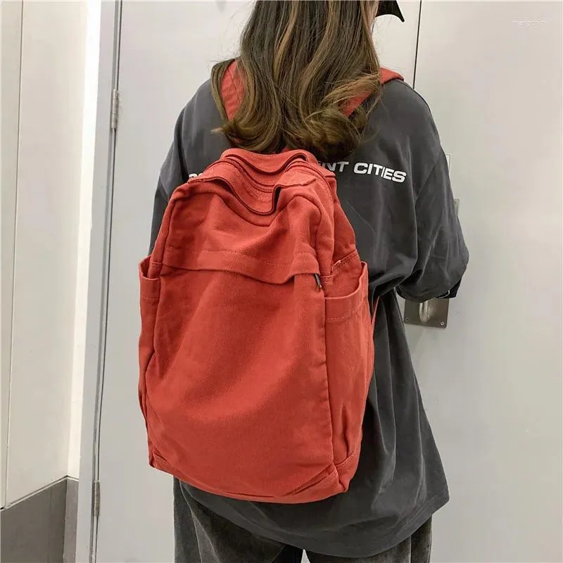 Mochila estilo preguiçoso com grande capacidade retro bolsa de lona computador de estudante de cor sólida para mulheres