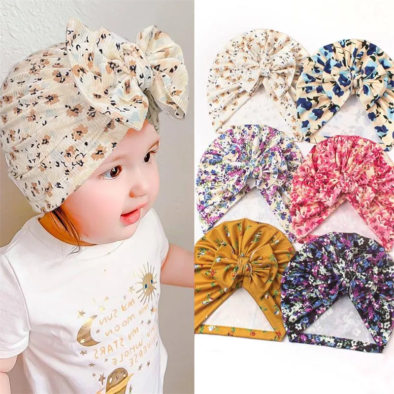 New Children Hats Spring Summer Newborn Floral Thread Printing Bow Tie Hat Baby Turban Kids Soft Cap Hair Accessories