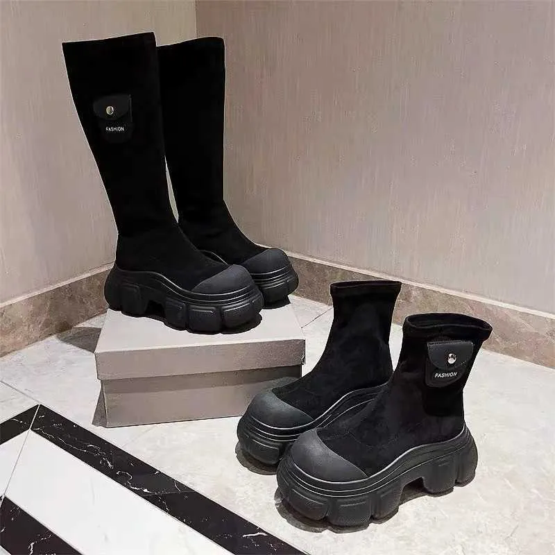 Botas elásticas meias martin novo médio fino grosso sola elevada cabeça grande preto longo outono inverno feminino