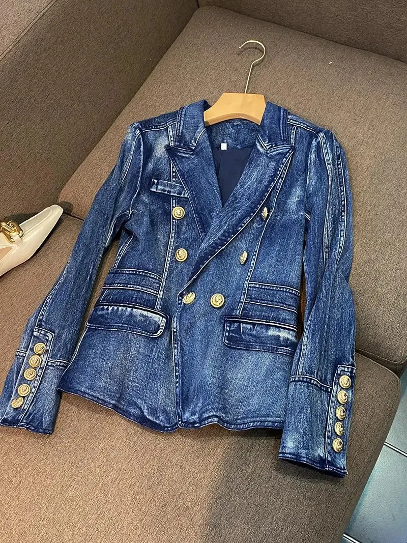 Trajes de mujer Blazers Llegada Jeans Abrigo Chaqueta de manga larga con doble botonadura Mujer Moda Streetwear Denim Blazer 231115