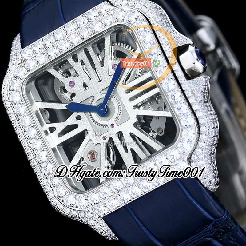 TWF TWD0007 Swiss Ronda 4S20 Quartz Mens Watch Fully Iced Out Big Diamonds Bezel Roman Markers Skeleton Dial Blue Leather Strap Super Edition trustytime001Watches