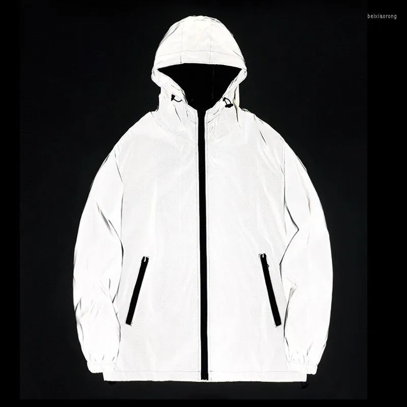 Men's Jackets Hooded Reflective Jacket Men Harajuku Windbreaker Women Streetwear Night Flash Couple