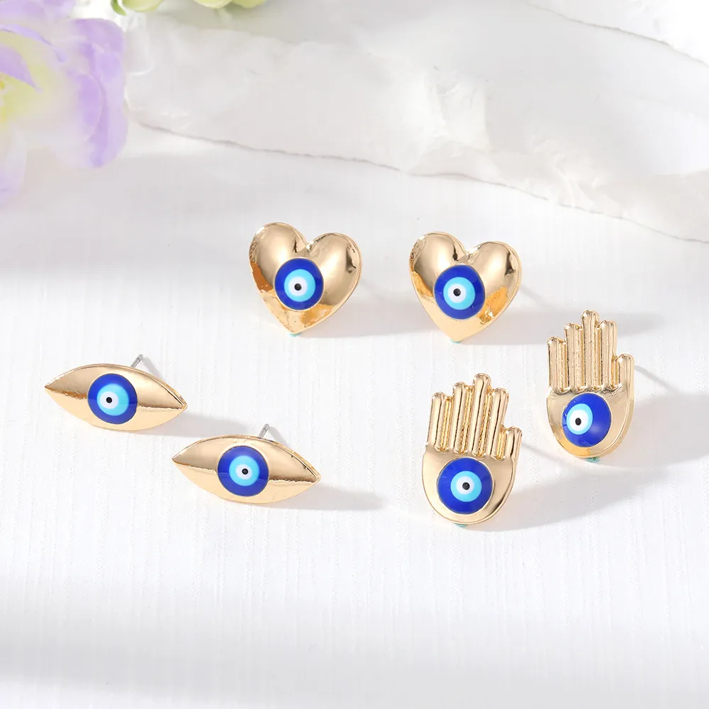 S3575 serce Fatima Palm Emalia Turkish Blue Eye Kolczyki dla kobiet złe oczy