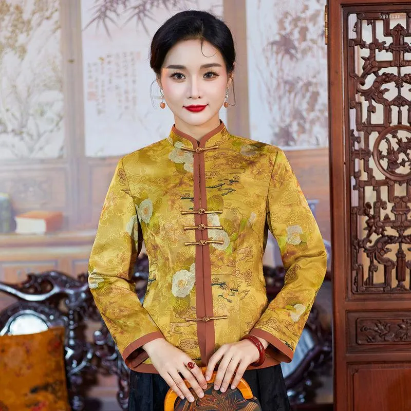 Этническая одежда традиционные китайские женщины плюс топы размера 2023 весенние хлопковые смеси принты сплайсинг с длинным рукавом костюми