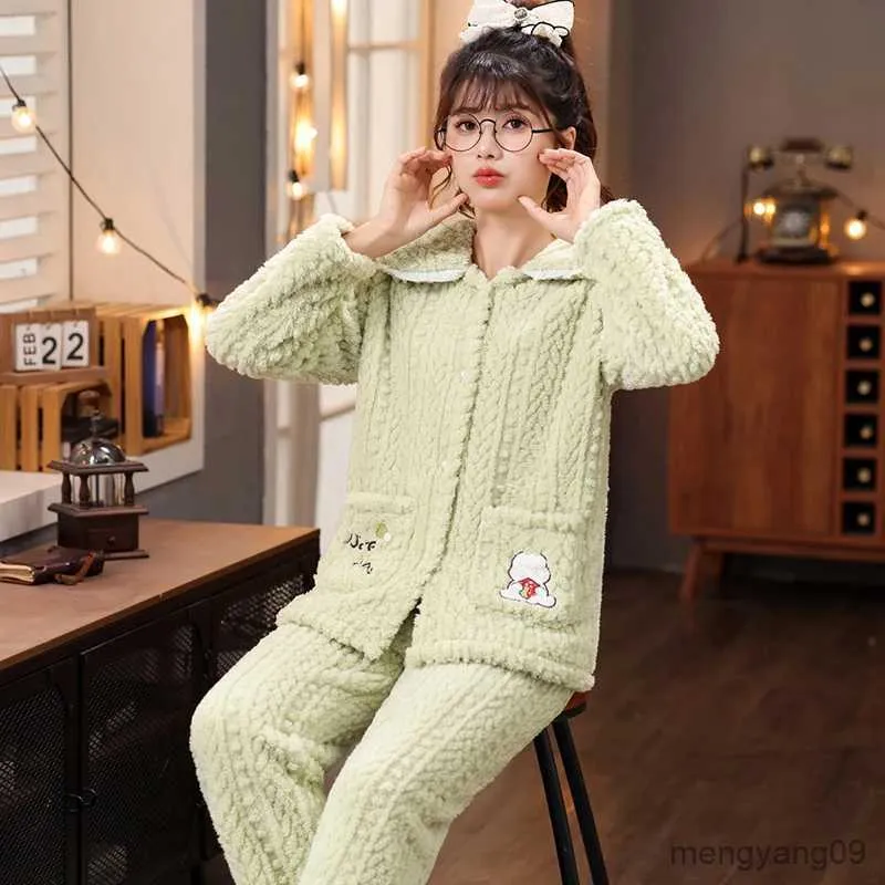 home clothing Women's Warm Plush Pajamas Winter Coral Velvet Pyjama Femme Thicken Flannel Sleepwear Cute Cartoon Home Clothing Wear Set R231115