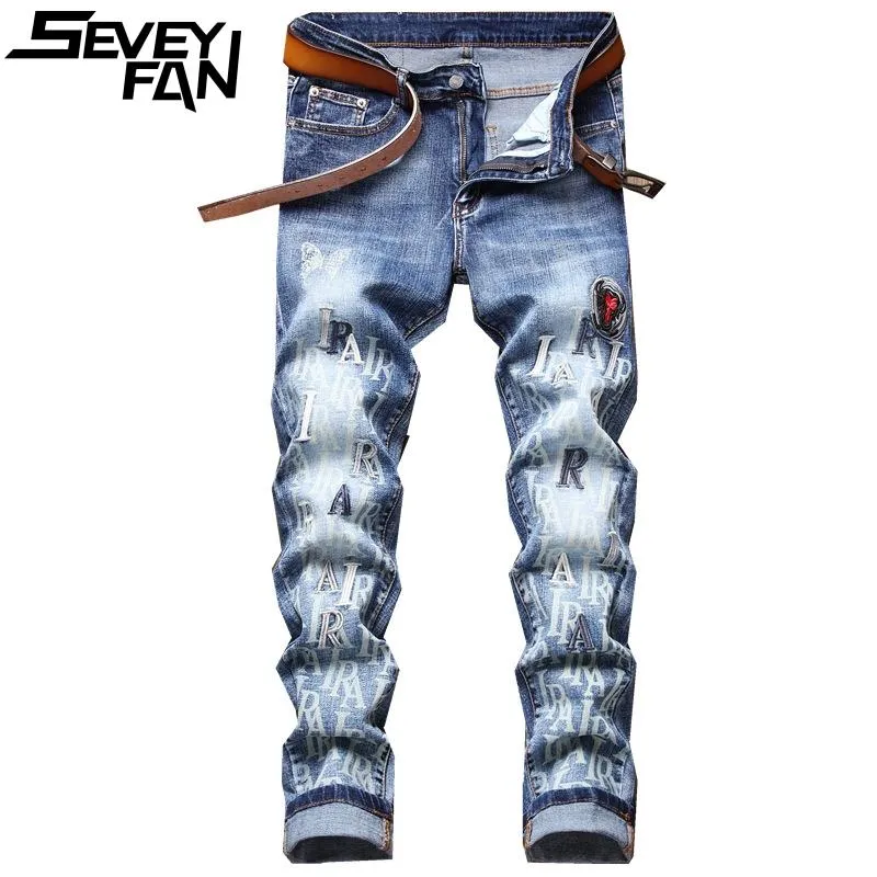 Men's Jeans SEVEYFAN Fashion Butterfly Letters Printed Elastic Scratched Slim Denim Pants Trendy Urban For Male