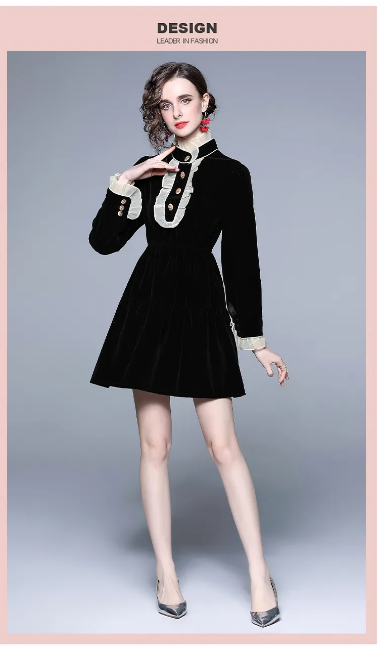 Vintage Black Velvet dress with Ruffles and Stand Collar for Women - Perfect for Autumn/Winter 2023 - Button Long Sleeve Office Mini Vestidos