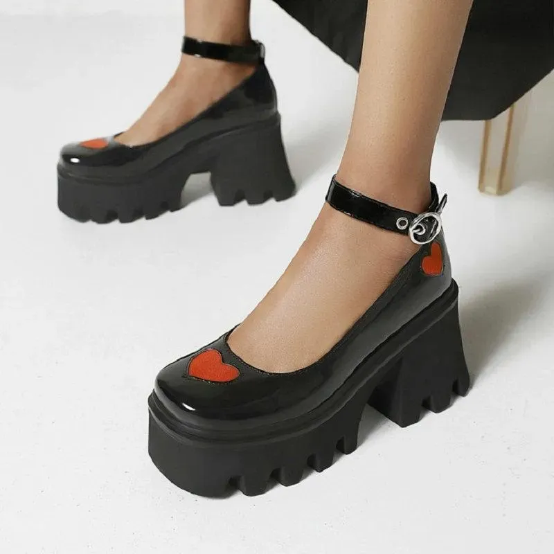 Punk Goth Patent PU Leer Vierkante Neus Lolita Meisjes Schoenen Hart Platform Dikke Hoge Hakken Dames Mary Janes Pompen Jurk