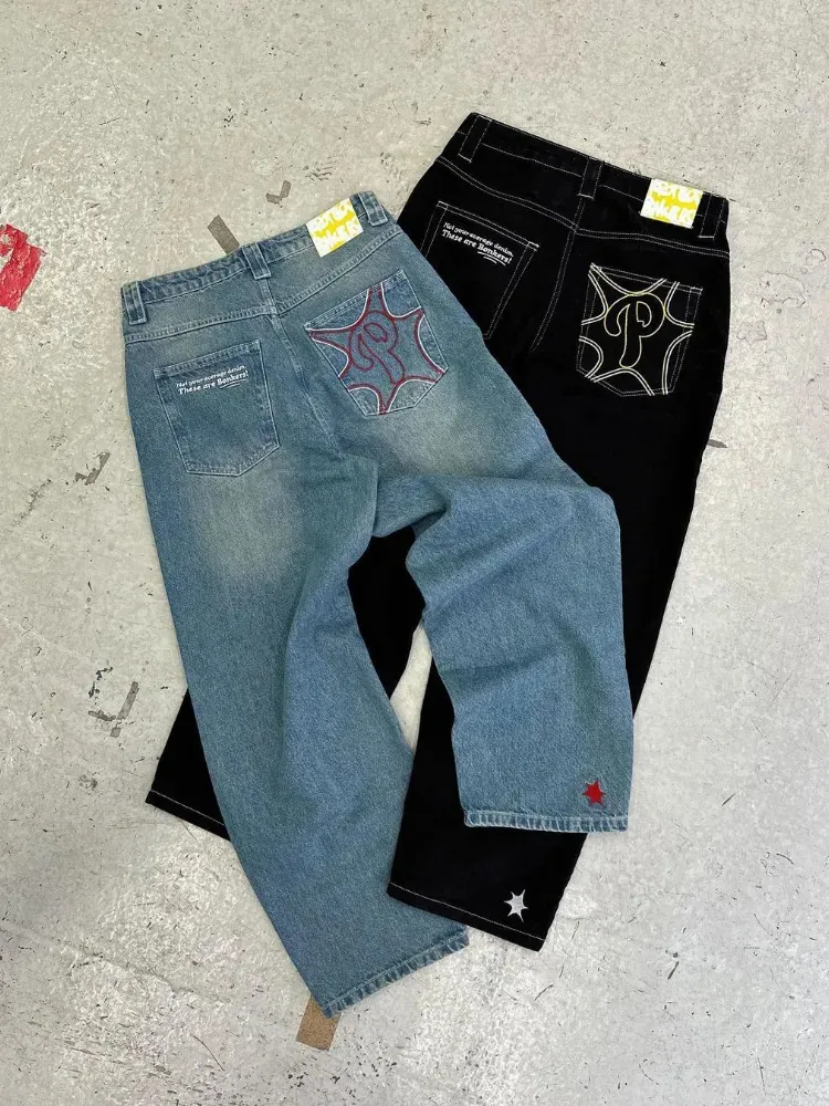 Mäns jeans baggy casual wide ben men street retro hip hop tryck trend mode svart hög midja jean y2k kläder 2023 231114