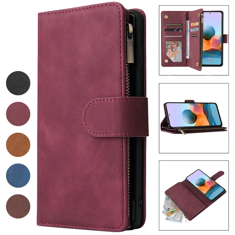 Wallet Multi Card Slots dragkedja läderfodral för Xiaomi Redmi 12 12C 10C 9A 9C 9T Note 12S 12 Pro 11 10 Pro 9 8 Pro Lanyard Strap stötfast telefonskydd