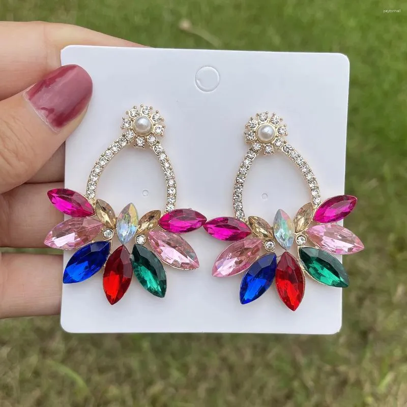 Boucles d'oreilles pendantes Vedawas mode cristal multicolore avec perle fleur goutte pour femmes brillant strass bijoux accessoires de fête de mariage