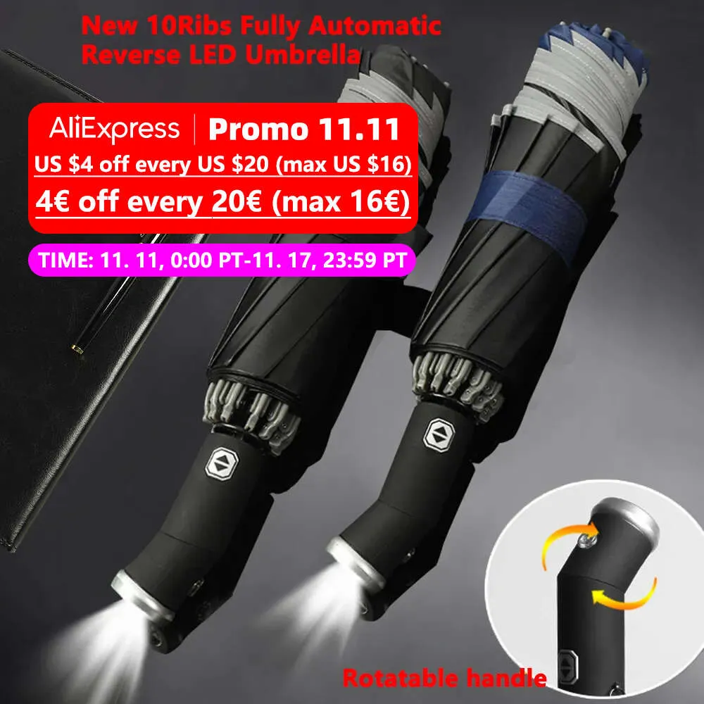 New Fully Automatic Reverse Folding Umbrella With LED Flashlight 10Ribs