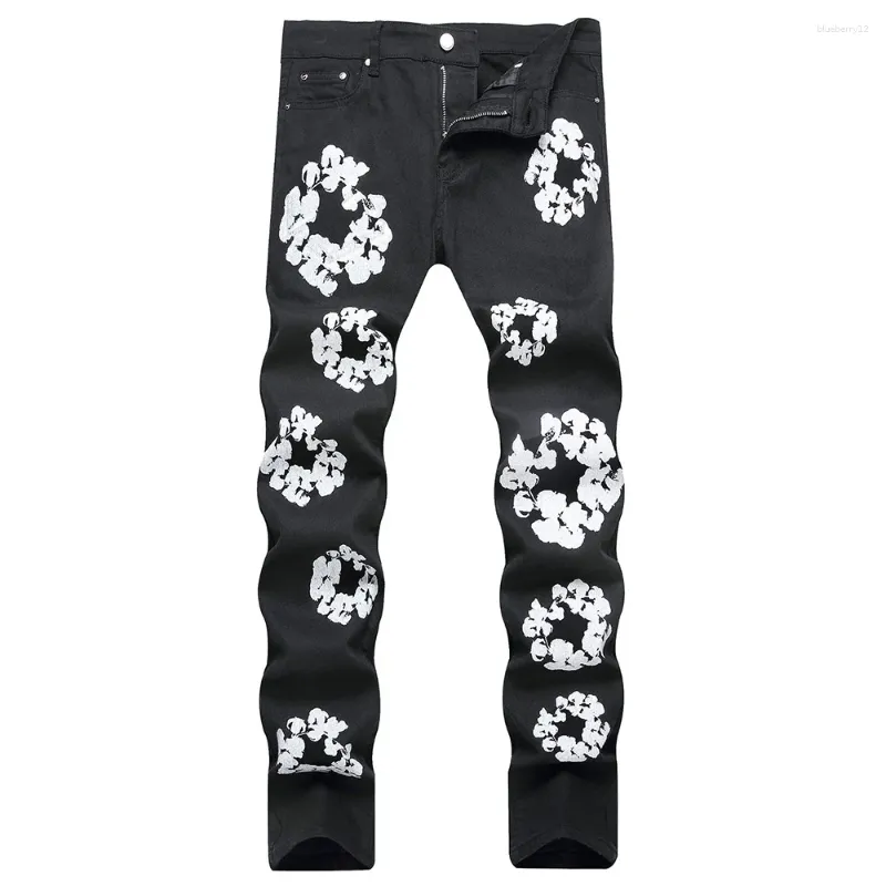 Jeans pour hommes Hommes Fleur Imprimer Mode Contraste Couleur Spliced Stretch Denim Pantalon Peint Slim Pantalon Droit Bleu Noir Blanc 733