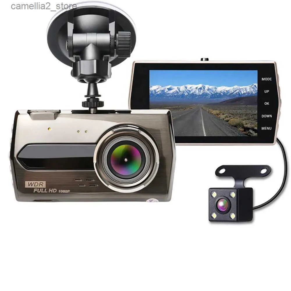 CAR DVRS CAR DVR 2 CAMERAS LINS 1080P HD Stor vinkel Vändning Video 24 Hours Car Recorder 4-tums IPS Aluminiumlegering Dashcams för bil Q231115