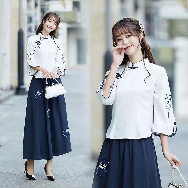 Vêtements ethniques Vintage Style chinois jeune étudiant vêtements pour femmes printemps été traditionnel Cheongsam haut broderie jupe bleue Han