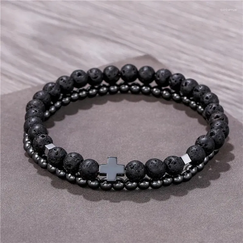 Charm Bracelets Fashion Black Cross Beaded For Men Boys Double Layers Adjustable Natural Stone Elastic Bracelet Super Thin Jewelry