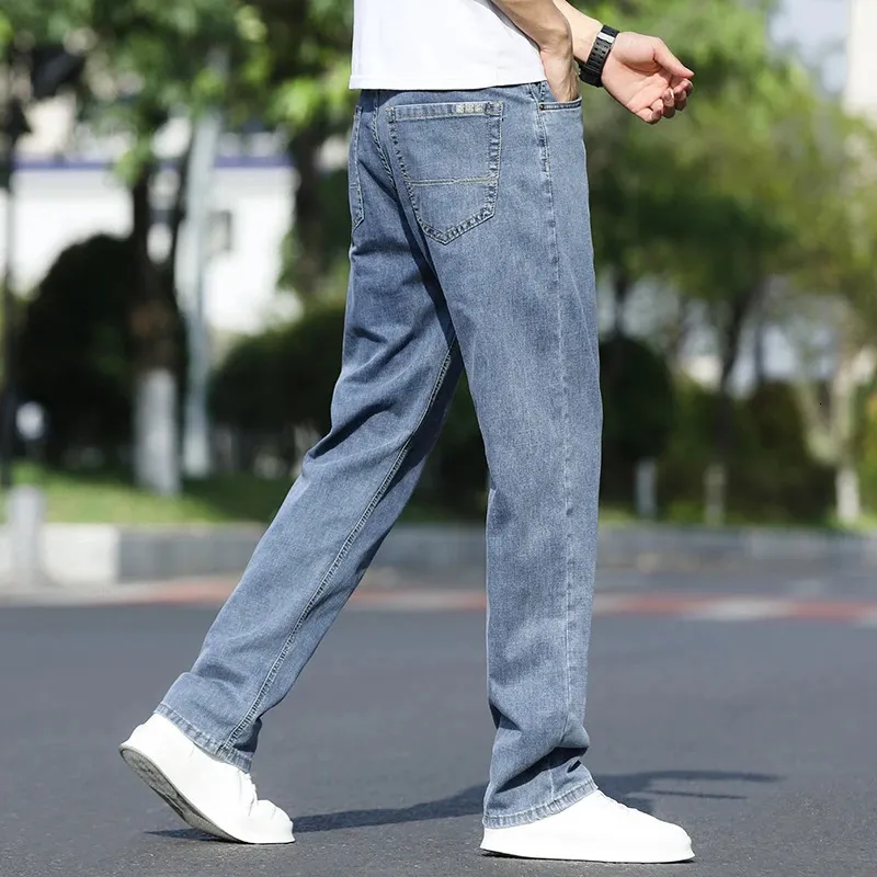 Men's Jeans Summer Pants Light Blue Casual Thin Denim Loose Straight Drawstring Elastic Waist Korea Trousers 231114