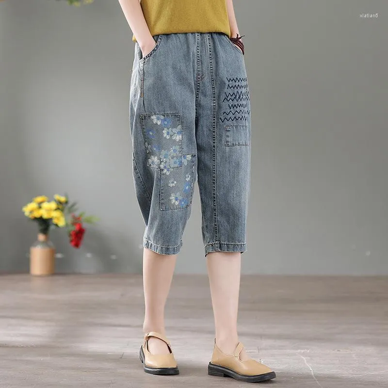 Jeans pour femmes été grande taille mince femmes taille élastique broderie pantalon ample décontracté Harlan mollet-longueur