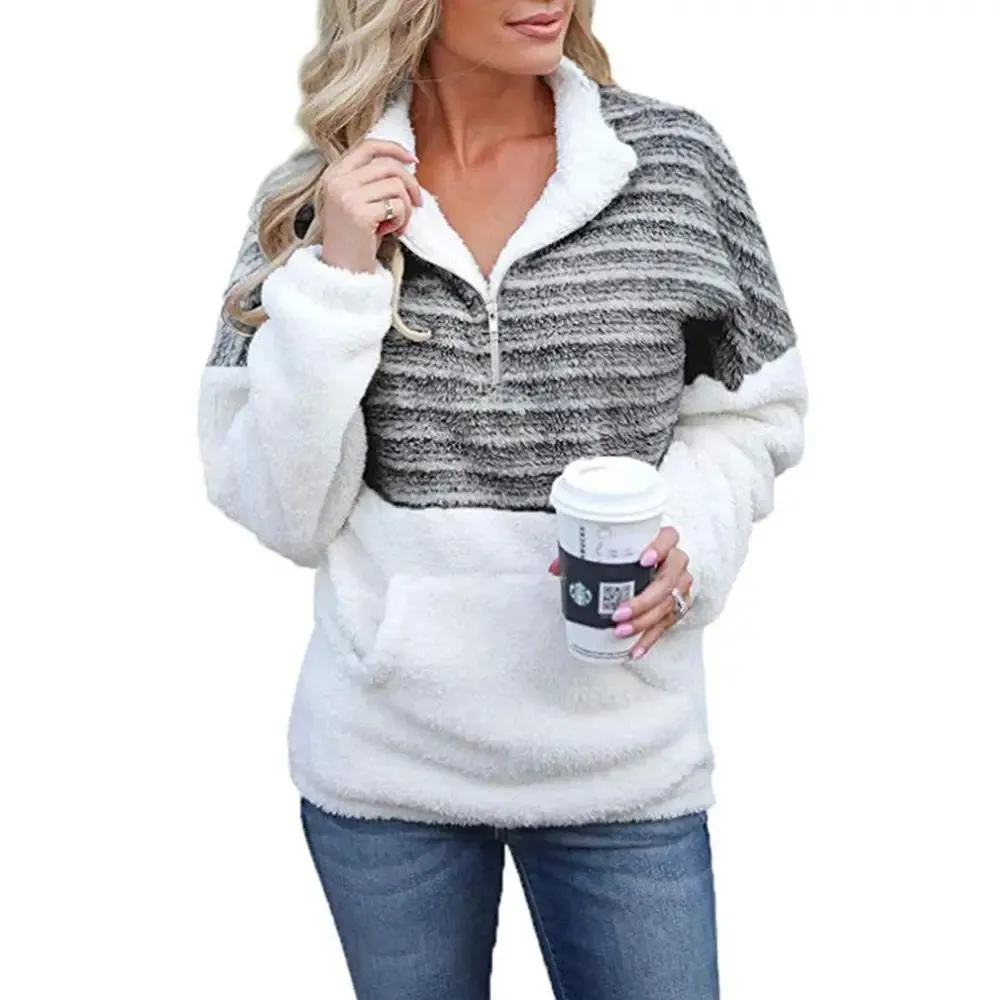 Damenpullover Damen Dicker Pullover Mode Gestreifter Nähpullover Herbst Winter Große Größe 5XL Damen Fleece Halbreißverschluss Warme Kleidung 231115