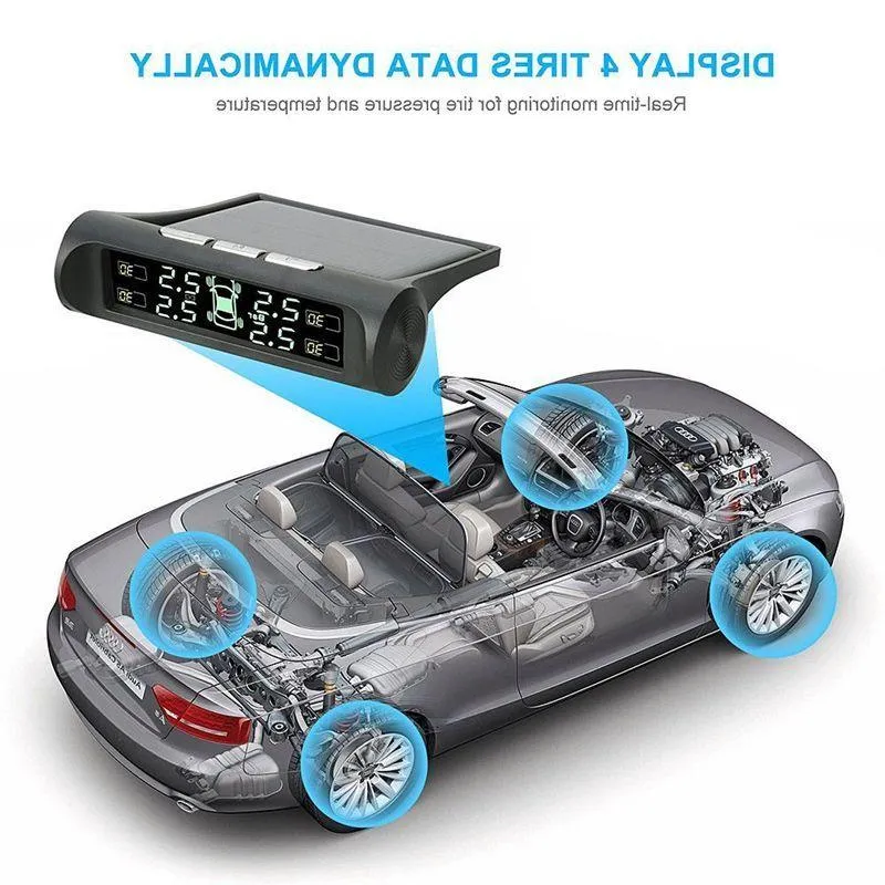 Freeshipping Solar Power Car TPMS Wireless Tire Pressure Monitor Alarm System LCD Display Pmojp