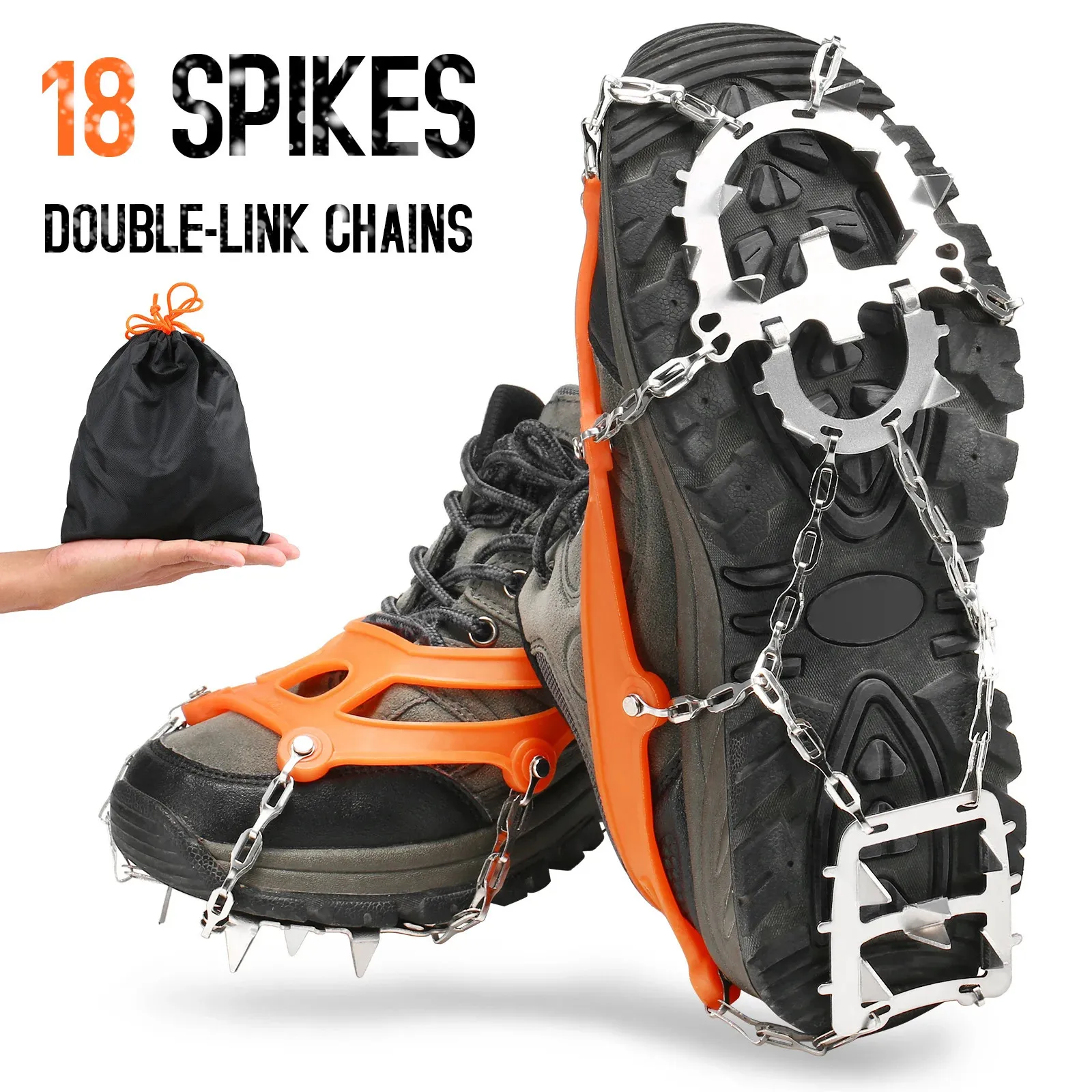 Mountaineering Crampons No lumping Crampon 18 Spikes Traction Cleats Women Men Anti-slip Ice Snow Grip with Storage Pouch Walking Hiking Fishing Crampon 231114