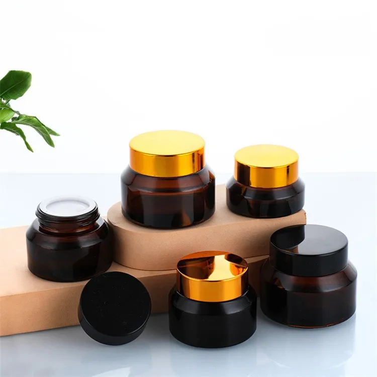 Pots cosmétiques pour crème brune ambre 15g 30g 50g, pot en verre Oblique vert clair pour crème pour le visage, bouteille d'emballage avec couvercle en plastique