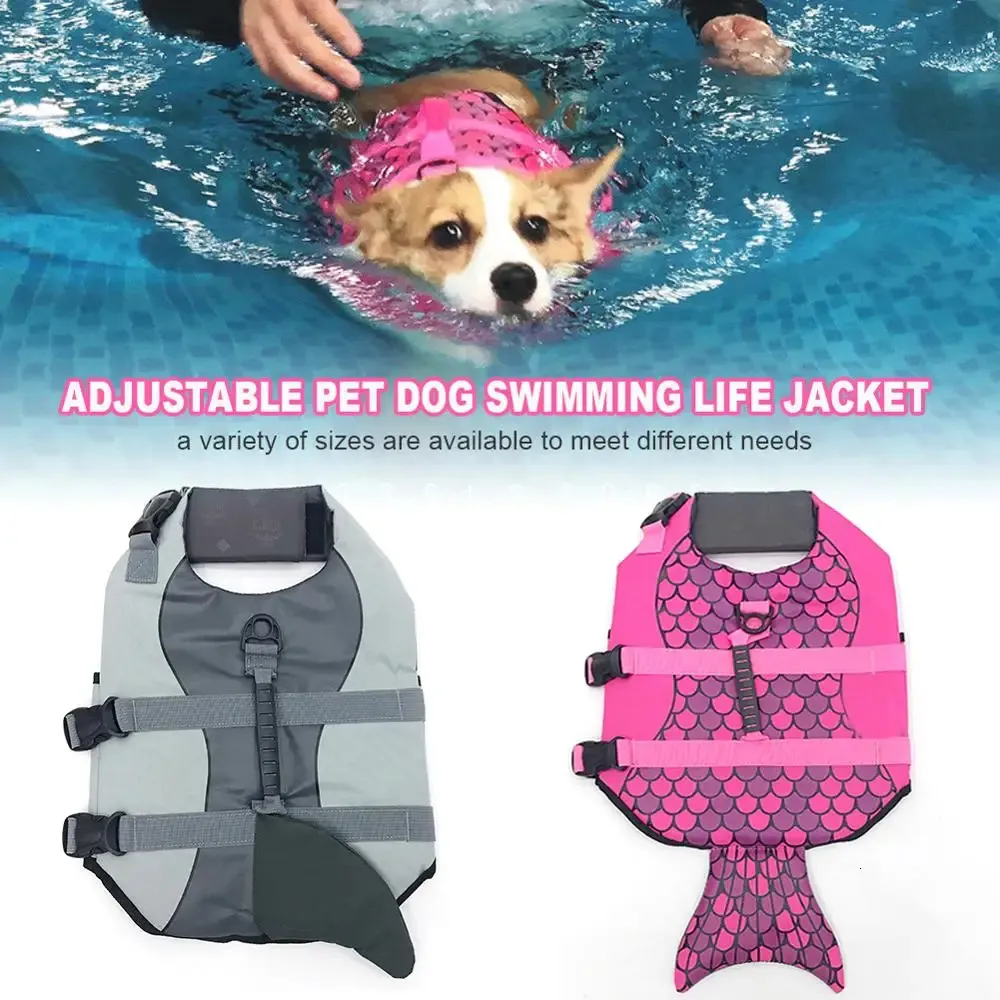 Dog Apparel Pet Dog Life Jacket Safety Clothes Life Vest Collar Harness Saver Pet Dog Swimming Preserver Summer Swimwear Mermaid Shark 231114