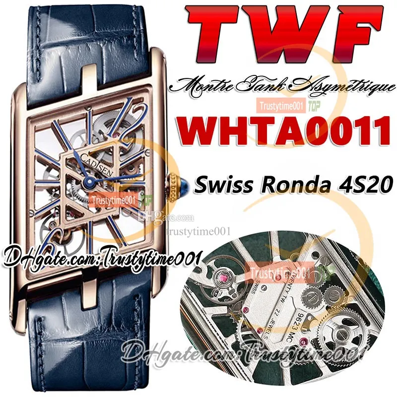 TWF TW0011 Swiss Ronda 4S20 Quartz Mens Watch Montre Asymetrique Unisex Watch Rose Gold Case Skeleton Dial Blue Leather Strap Super Edition TrustyTime001Watches