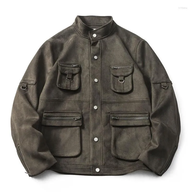 Мужские куртки мода замшевая куртка технической одежды с несколькими карманами негабаритный хип -хоп грузовой слой тактический верхний цвет твердый цвет y2k стиль