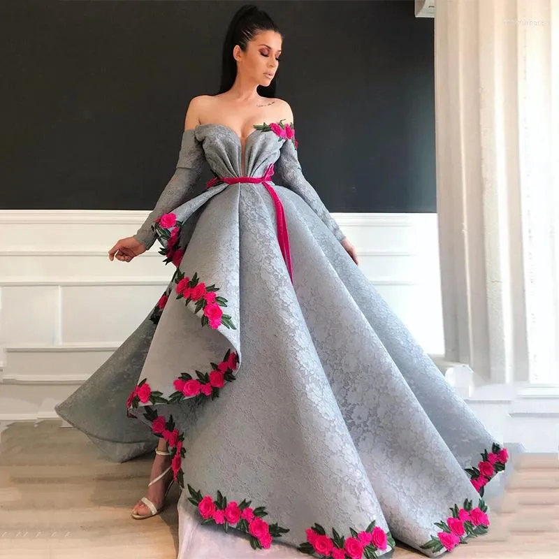 Parti Elbiseleri Sevintage Asimetrik Arap Dubai Dantel Balo Çiçekleri Uzun Kollu Gece Elbise Resmi Gowns Vestido Formatura