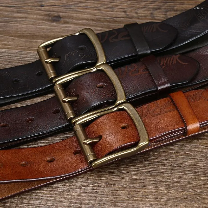 Gürtel 3,8 CM Männer Hohe Qualität Echtes Leder Gürtel Laser Messing Dornschließe Reines Rindsleder Vintage Strap Männlichen Jeans Für Mann