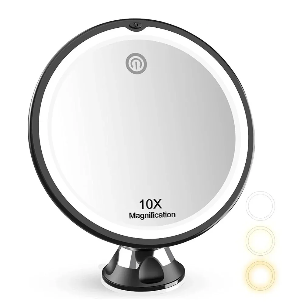 Kompaktowe lusterka 10x powiększenie lustra makijażu z LED Light 360 stopnia obrotowe kosmetyczne próżność makijaż lustro ssący kubek łazienkowy lustro prysznic 231109