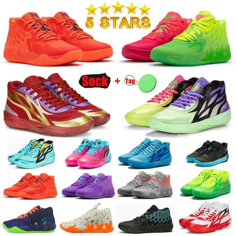 Barnsko lamelo boll mb.01 2.0 män basketskor rick och morty mb01 drottning stad svart solnedgång glöd röd spräng vit grön sällsynt rännor melo mb 01 kvinnor mens sneakers qjx