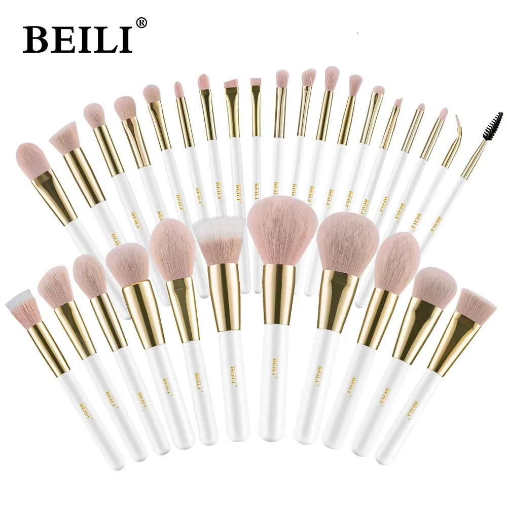 Makeup Brushes Beili White Gold Makeup Brushes Professional Foundation Eyeshadow Powder High Quality Pink Synthetic Brush Set 231102