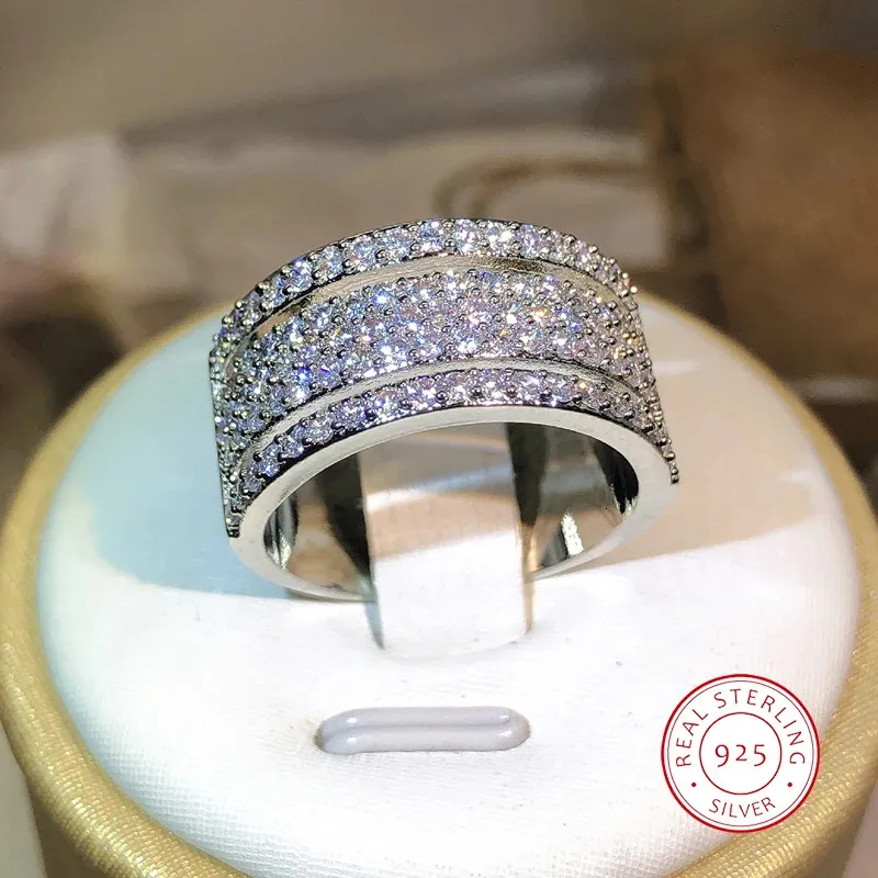 ソリティアリング925スターリングシルバーエターナル3列リングダイヤモンド婚約指輪メンズフィンガーパーティージュエリー卸売231115