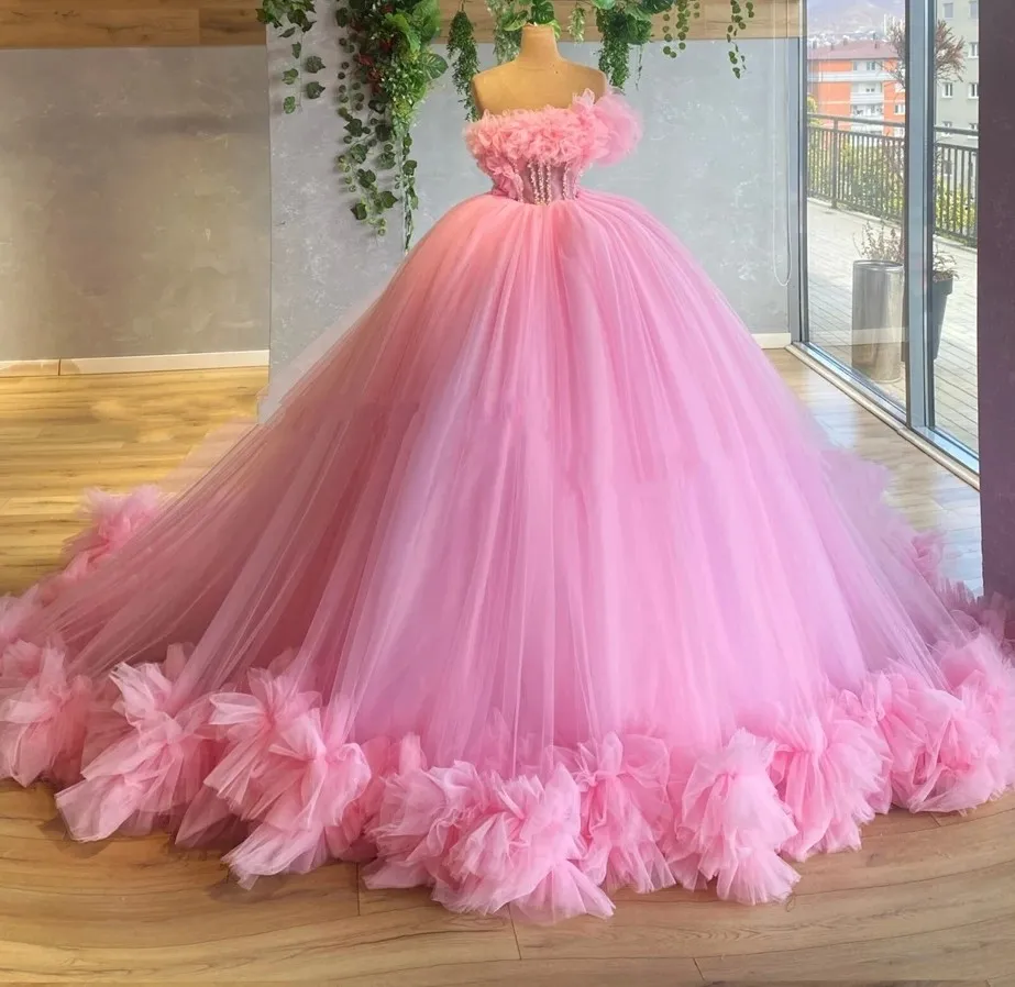 Bébé rose Tulle formelle robe de bal femmes une épaule plis volants Tulle célébrité soirée formelle robes d'anniversaire Robe De soirée sur mesure