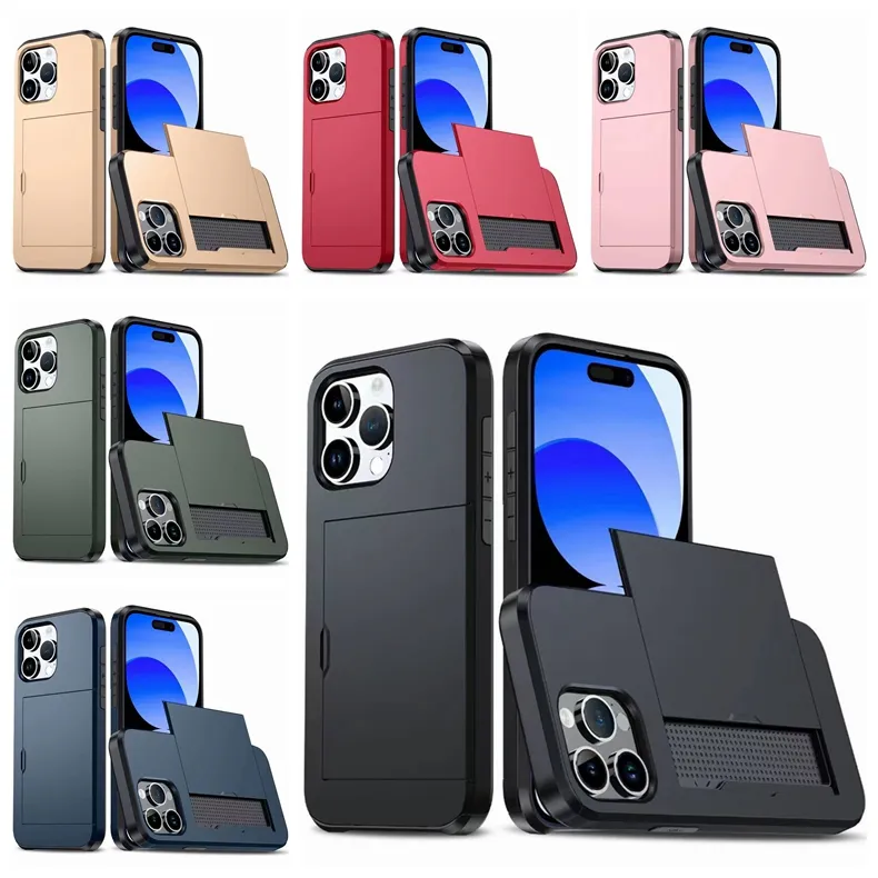 Slide Card Slots Capas à prova de choque para iPhone 15 Pro Max 14 Plus 13 12 11 X XS XR 8 7 6 SE Moda Hard PC Plástico TPU Luxo Heavy Duty ID Card Bolso Híbrido Capa de telefone traseira