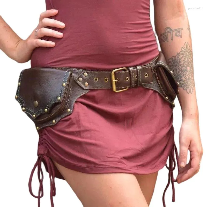 Bel çantaları kadın çantası ortaçağ steampunk pu deri kemer retro viking cosplay perçin çift dağ tırmanışı açık hava sporları