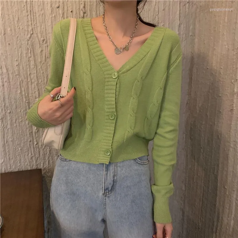 Malhas femininas Cardigans verdes Cardigans de manga comprida Camisola de malha de malha Mulheres coletes coreanas Jumpers fêmeas Cardigan Jacket com botões Tops