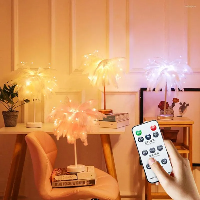 Lampes de table plume lampe LED veilleuse USB/batterie créatif arbre chaud abat-jour mariage maison chambre décor