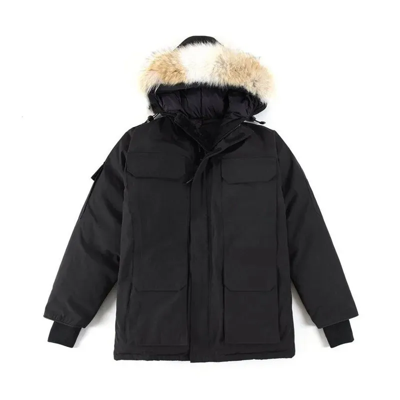 Down Jacket Women's and Men's Wolf Fur Collar Medium Längd vinter Ny kanadensisk stil övervann kläder tjock high-end vita anka ner män