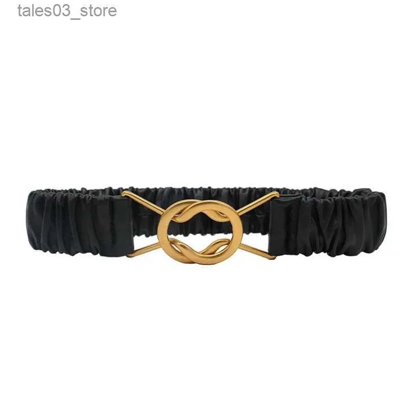 Belts Fashion Lady Design Lambskin Fold Elastic Wide Belt Double-ring Buckle Girdle Retro Black Belt Q231115