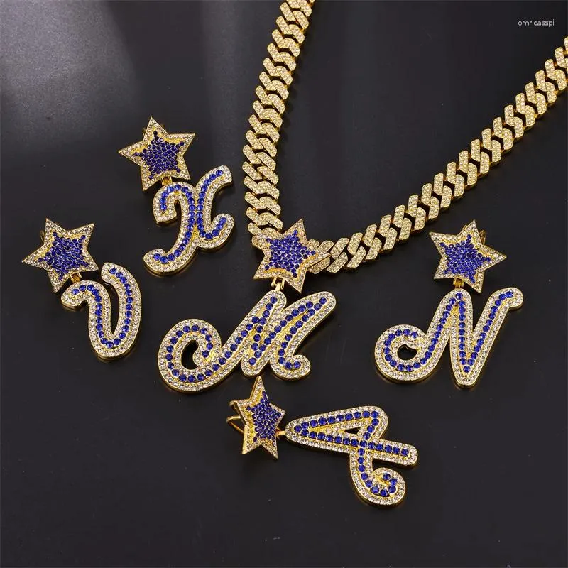 Pendentif Colliers Hip Hop A-Z Brosse Cursive Lettre Chaîne Cubaine Initiale Zircon Collier Ras Du Cou Pour Hommes Femmes Bijoux Avec Fermoir Étoile Bleue