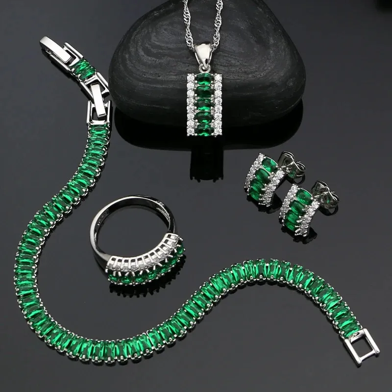 Wedding Jewelry Sets 925 Silver Women Wedding Jewelry Sets Green Cubic Zirconia White Crystal Stud Earrings Pendant Ring Bracelet Necklace Sets 231115