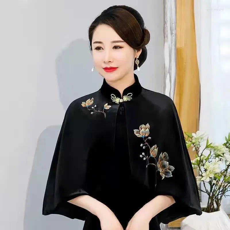 Roupas étnicas 2023 Mulheres Velvet Shawl Capat Cape Cape Naitonal Flor Bordado Cheongsam Curto Oriental Princesa Antiga Coatada