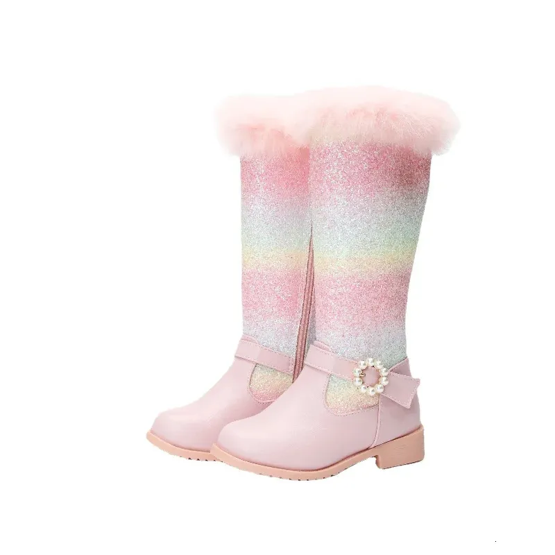 Buty dziewczęta Princess High 2023 Autumn Winter Children's Pluszowe ciepłe śnieg małe cekiny mody pokazują sukienkę 231115